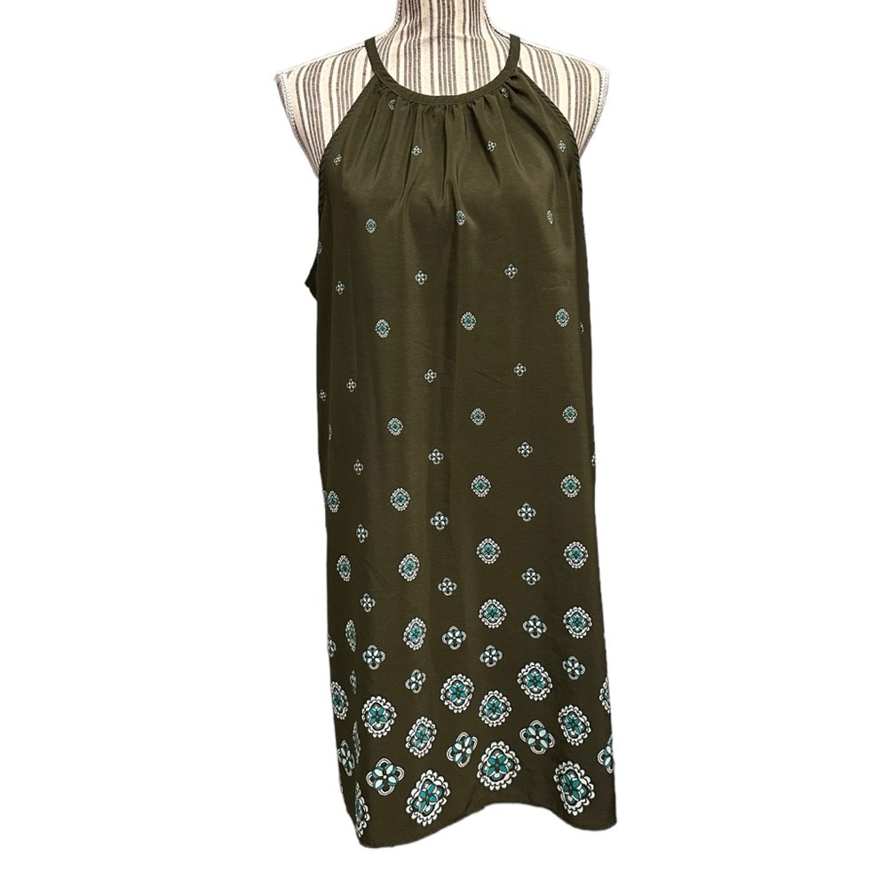 Olive green suspended neck sleeveless green blue & white print xlarge polyester